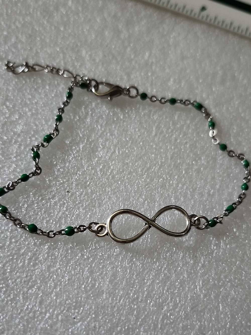 Hand Crafted Silver Infinity Bracelet / Anklet with Green Beads